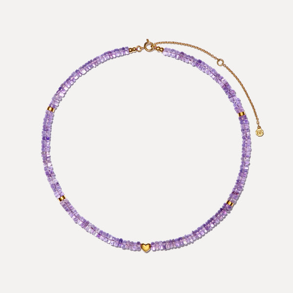 Amethyst Necklace with Gold Heart and Gold Bead Detail