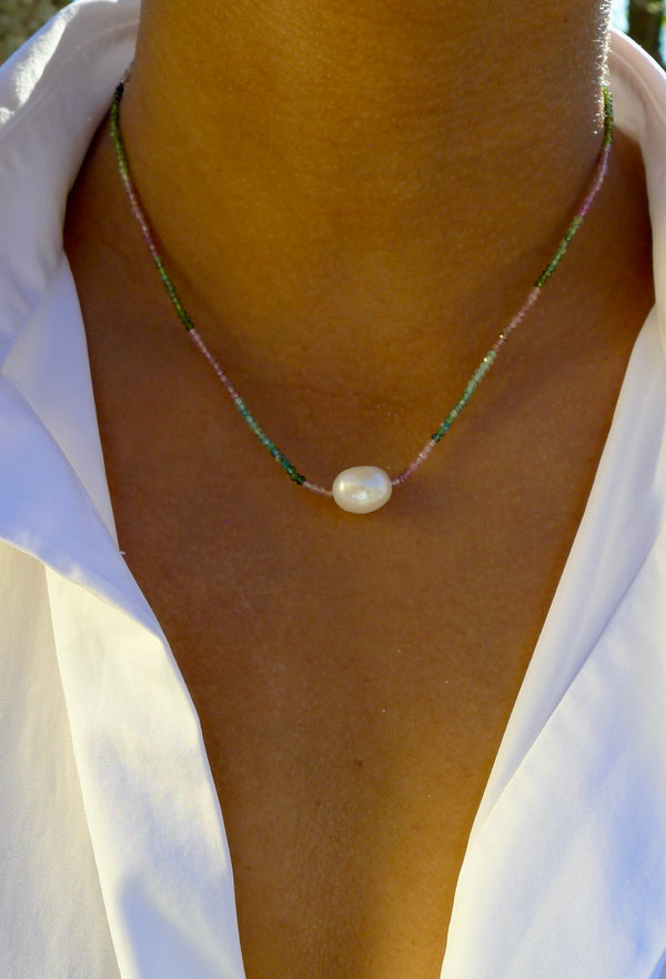 Watermelon Tourmaline and Pearl Necklace
