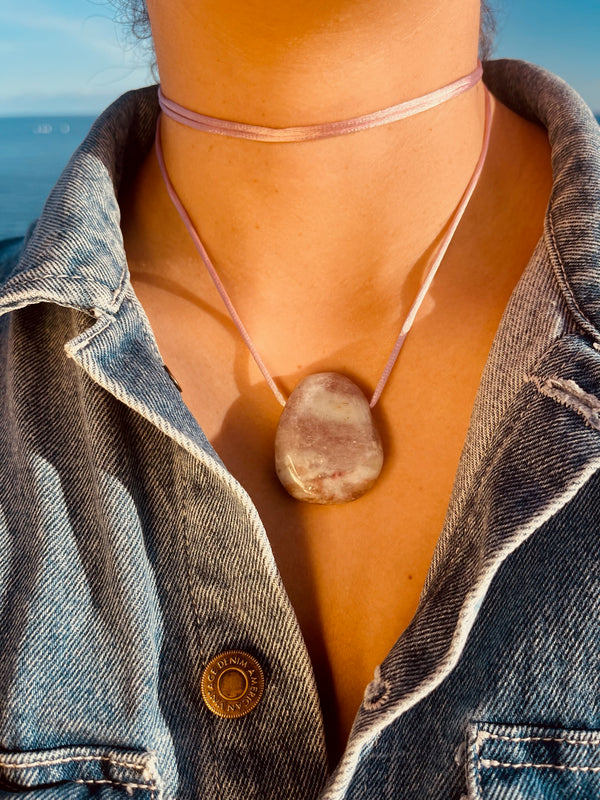 Tourmaline Lepidolite Silk Cord Pendant Necklace