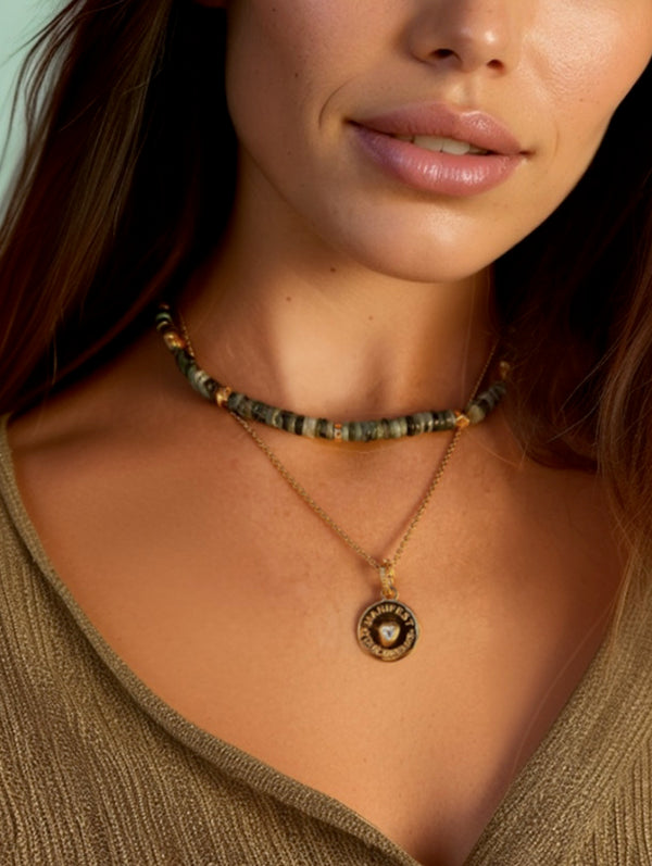 Emerald Necklace with Gold Stars and Bead Detail