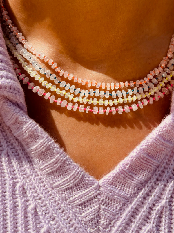 Rainbow Moonstone New Beginnings Necklace with neon yellow thread