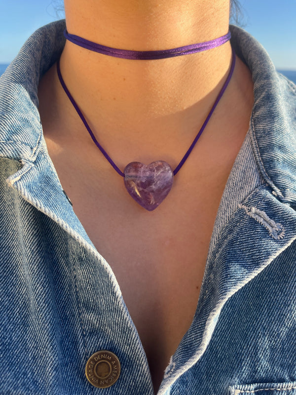 Amethyst Heart Candy Silk Cord Pendant Necklace