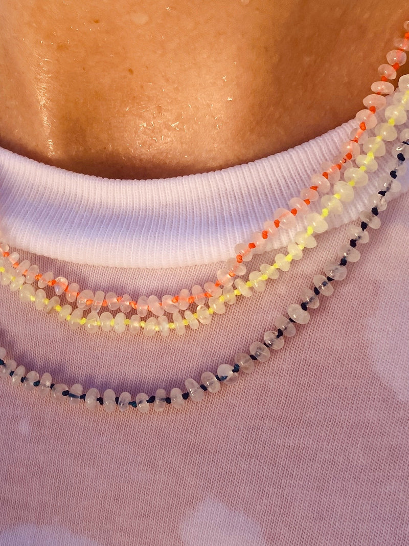 Rainbow Moonstone New Beginnings Necklace with neon yellow thread