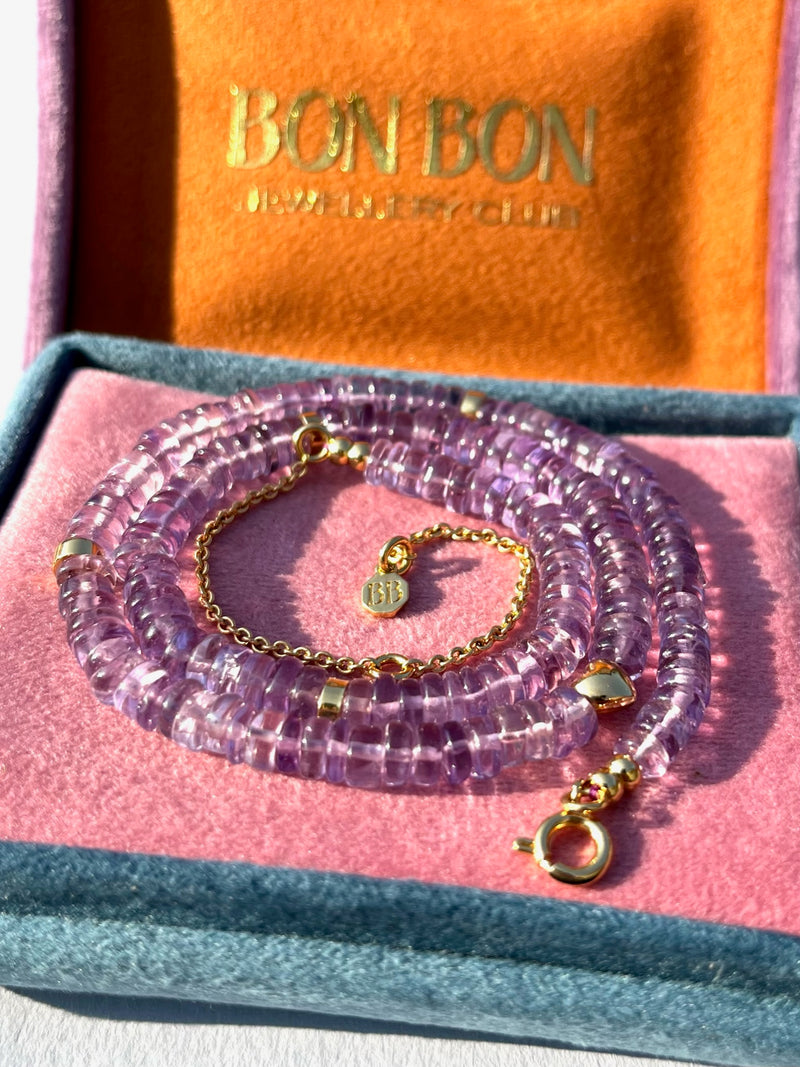 Amethyst Necklace with Gold Heart and Gold Bead Detail