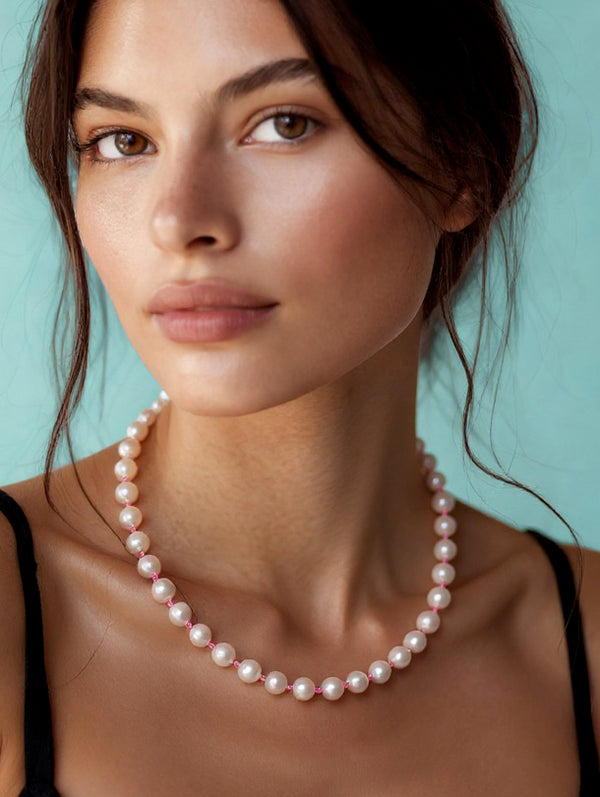 Freshwater Pearl Necklace with a Neon Pink Thread