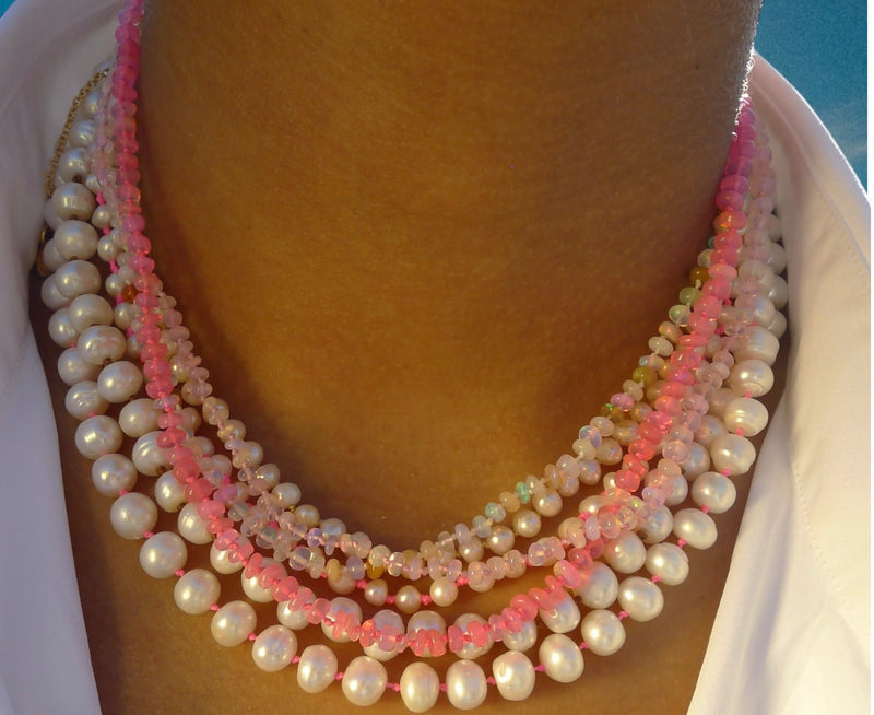 Freshwater Pearl Necklace with a Neon Pink Thread