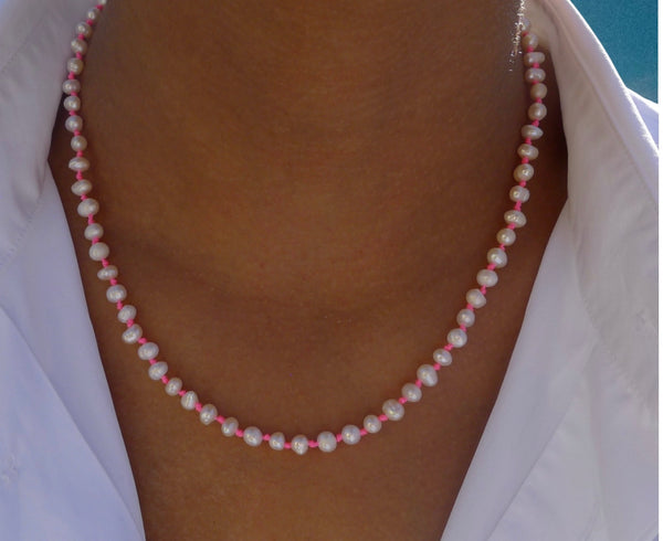 Fine Freshwater Pearl Necklace with a Neon Pink Thread