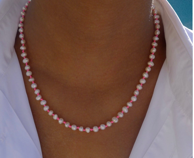 Fine Freshwater Pearl Necklace with a Neon Pink Thread