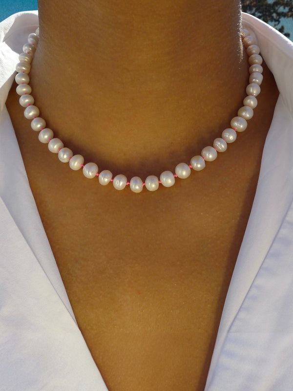 Freshwater Pearl Necklace with a Neon Pink Thread