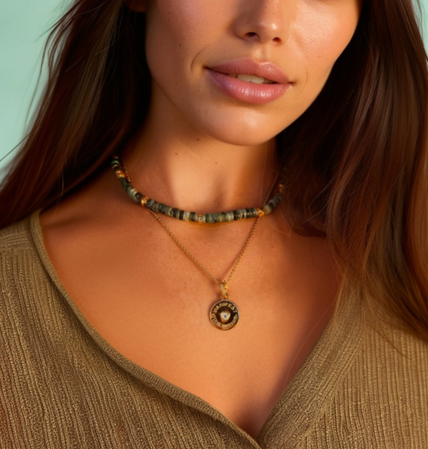 Emerald Necklace with Gold Stars and Bead Detail
